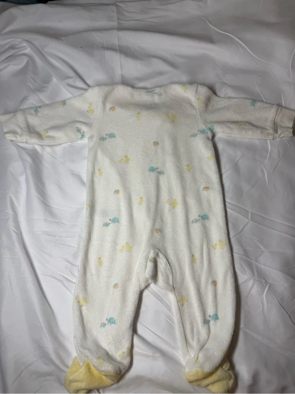 Carter's White Plush Footed One-Piece with Pastel Yellow & Blue Accents